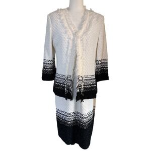 St John Collection M/L Tweed Look Fringe Textured Knit 2 Piece Dress Jacket Set